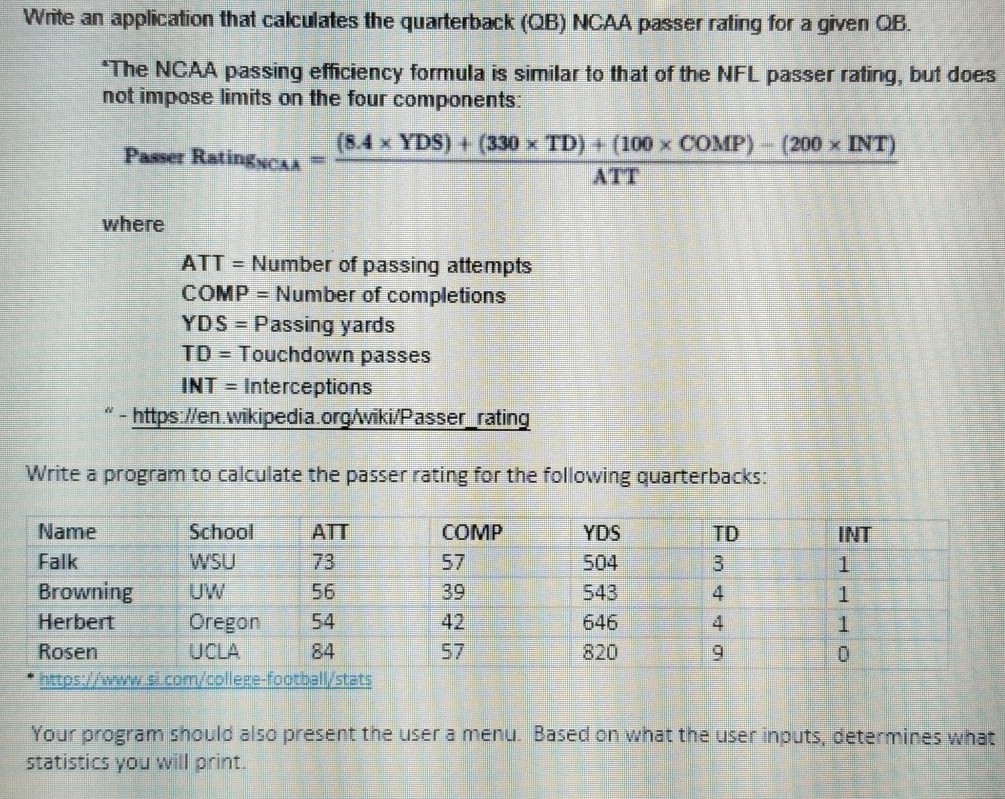 How To Calculate NCAA QB Passer Rating 