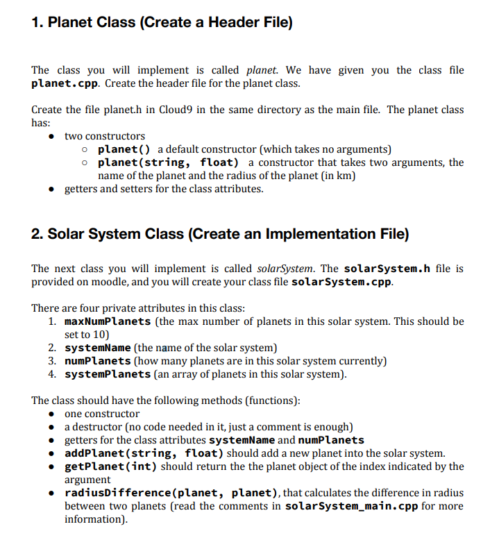 Solved 1 Planet Class Create A Header File The Class Y