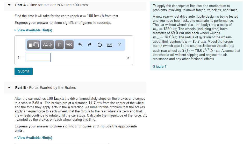 Question E2 96 Bd Part A Time For The Car To Reach 100 Km H To Apply The Concepts Of Impulse And Momentum To Prob Question E2 96 Bd Part A Time For The Car To Reach 100 Km H To Apply The Concepts Of Impulse And Momentum To Prob