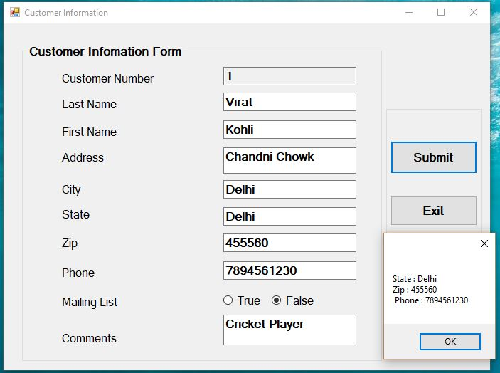 Customer Information Customer Infomation Form Customer Number Last Name First Name Address Virat Kohli Chandni Chowk Submit C