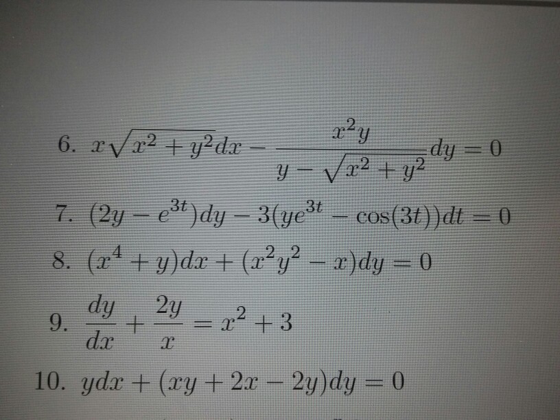 X 2 xy 0. (X+2)dy-YDX=0 , Y (0) 2. X^2dy=-YDX. YDX 2sqrt XY -X dy 0. (X+1)YDX=dy.