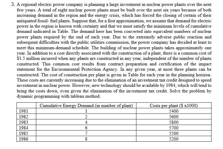 3. a regional electric power company is planning a large investment in nuclear power plants over the next few years. a total of eight nuclear power plants must be built over the next six years because of both increasing demand in the region and the energy crisis, which has forced the closing of certain of their antiquated fossil- fuel plants. suppose that, for a first approximation, we assume that demand for electric power in the region is known with certainty and that we must satisfy the minimum levels of cumulative demand indicated in table. the demand here has been converted into equivalent numbers of nuclear power plants required by the end of each year. due to the extremely adverse public reaction and subsequent difficulties with the public utilities commission, the power company has decided at least to meet this minimum-demand schedule. the building of nuclear power plants takes approximately one year. in addition to a cost directly associated with the construction of a plant, there is a common cost of s1.5 mon incurred when any plants are constructed in any year, independent of the number of plants constructed. this common cost results from statement for the environmental protection agency. in any given year, at most three plants can be constructed. the cost of construction per plant is given in table for each year in the planning horizon. these costs are currently increasing due to the elimination of an investment tax credit designed to speed investment in nuclear power. however, new technology should be available by 1984, which will tend to bring the costs down, even given the elimination of the investment tax credit. solve the problem by dynamic programming with tableau method. contract preparation and certification of the impact cumulative energy demand (in number of plant 1981 1982 1983 1984 1985 1986 costs per plant (s x1000 5400 5600 5800 5700 5500 5200