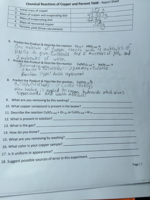 Solved Chemical Reactions Of Copper And Percent Yield Rep Chegg Com