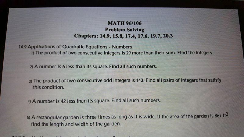 Applications Of Quadratic Equations Numbers 1 The Chegg Com