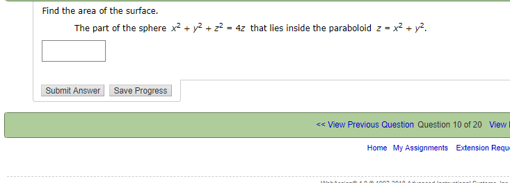 Solved Find The Area Of The Surface The Part Of The Sphere Chegg Com