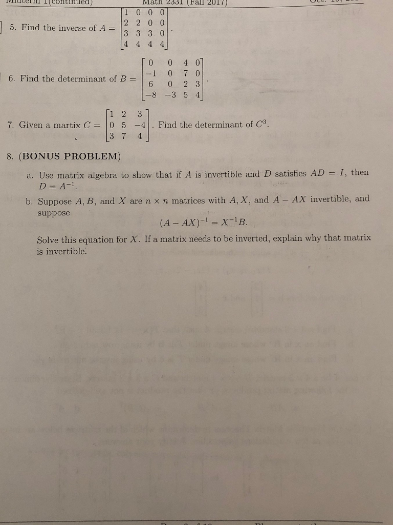 Solved: ... 0 (Fall 331 0 VhdterII Math I(Continued) 20T7 0 1