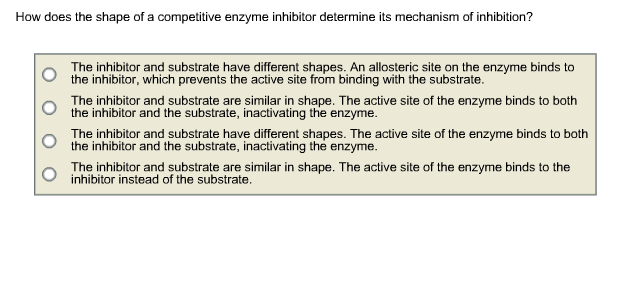 How does the shape of a competitive enzyme inhibitor determine its mechanism of inhibition? The inhibitor and substrate have different shapes. An allosteric site on the enzyme binds to the inhibitor, which prevents the active site from binding with the substrate. The inhibitor and substrate are similar in shape. The active site of the enzyme binds to both the inhibitor and the substrate, inactivating the enzyme. The inhibitor and substrate have different shapes. The active site of the enzyme binds to both the inhibitor and the substrate, inactivating the enzyme. o The inhibitor and substrate are similar in shape. The active site of the enzyme binds to the inhibitor instead of the substrate.