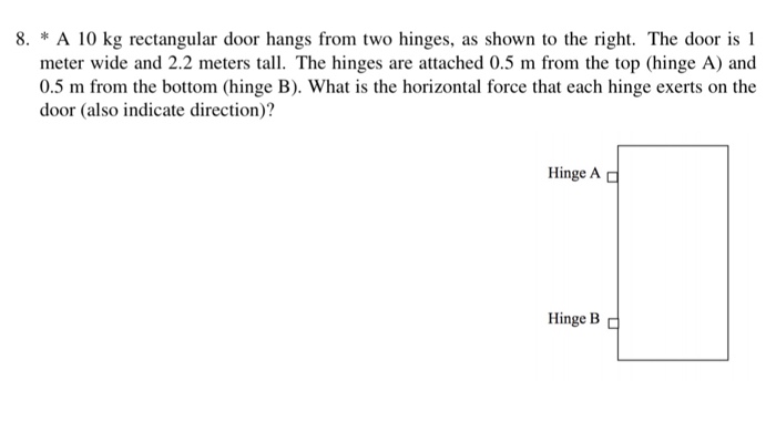 Solved A 10 Kg Rectangular Door Hangs From Two Hinges As