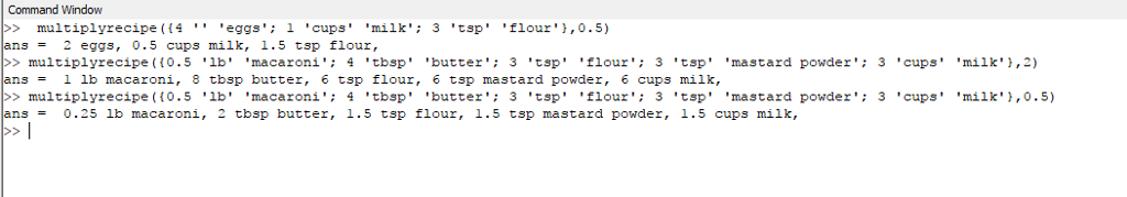 Answered! Using Matlab Write a function that takes a recipe and a coefficient and return a string describing the adjusted recipe. The input... 1