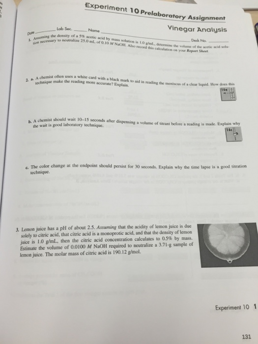 Experiment 10 Prelaboratory Assignment Vinegar Chegg 