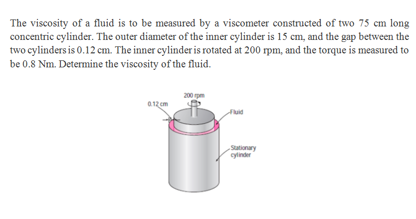 The viscosity of a fluid is to be measured by a viscometer constructed of two 75 cm long concentric cylinder. The outer diameter of the inner cylinder is 15 cm, and the gap between the two cylinders is 0.12 cm. The inner cylinder is rotated at 200 rpm, and the torque is measured to be 0.8 Nm. Determine the viscosity of the fluid. 200 rpm 0.12 cm Stationary cylinder