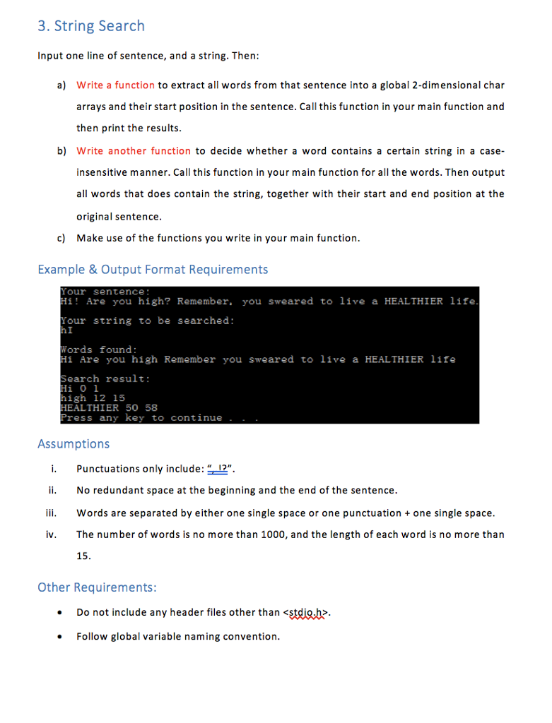 Solved 3 String Search Input One Line Of Sentence And A Chegg Com