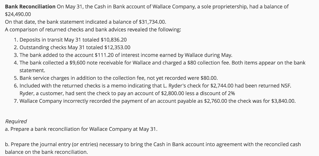 solved bank reconciliation on may 31 the cash in bank ac
