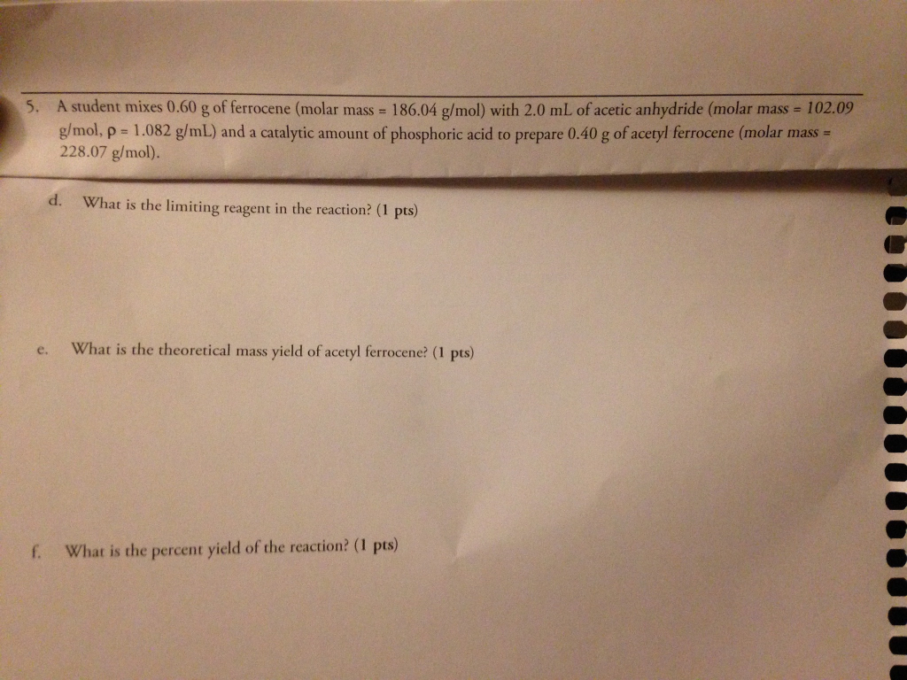 Solved A Student Mixes 0.60 G Of Ferrocene (molar Mass