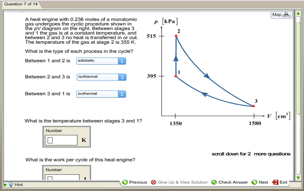A heat engine with 0.236 moles of a monatomic gas