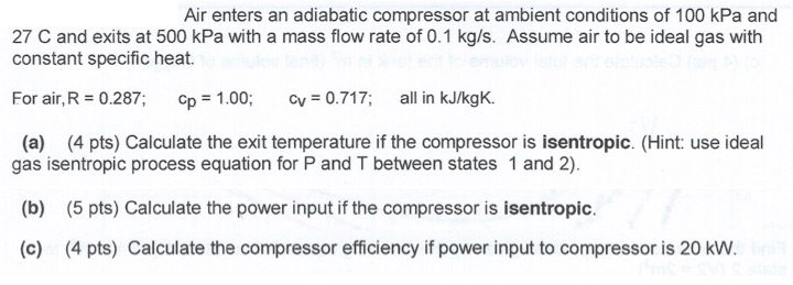 Solved Air Enters An Adiabatic Compressor At Ambient Cond