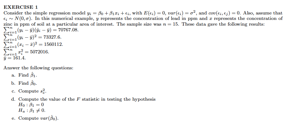 Solved Exercise 1 Consider The Simple Regression Model Yi Chegg Com