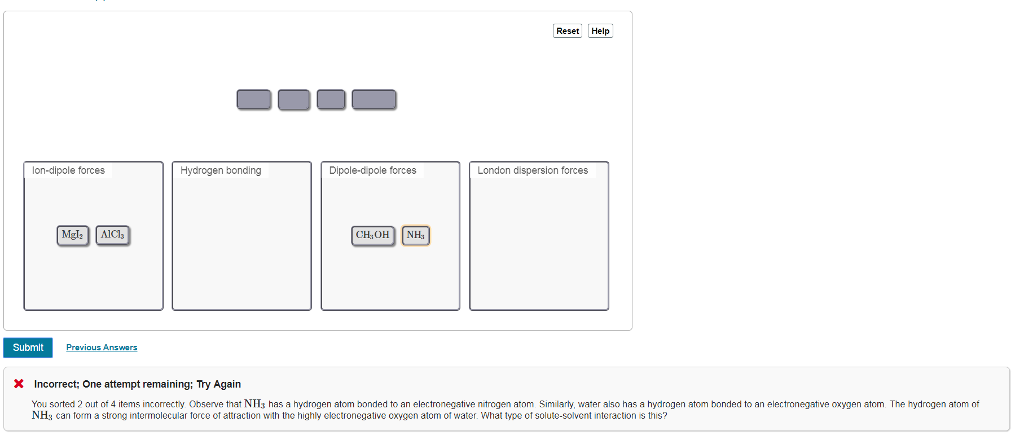 Reset Help lon-dipole forces Hydrogen bonding Dipole-dipole forces London dispersion forces CH:OH NH Submlt Incorrect: One attempt remaining; Try Again You sorted 2 out of 4 items incorrecty Observe that NHs has a hydrogen atom bonded to an electronegetive nitrogen atom Similarly, water also has a hydrogen atom bonded to an electronegetive oxygen atom The hydrogen atom of NHs can torm a strong intermolecular force of attraction with the highly clectronegative cxygen atom of water. What type of soluto-solvent interaction is this?