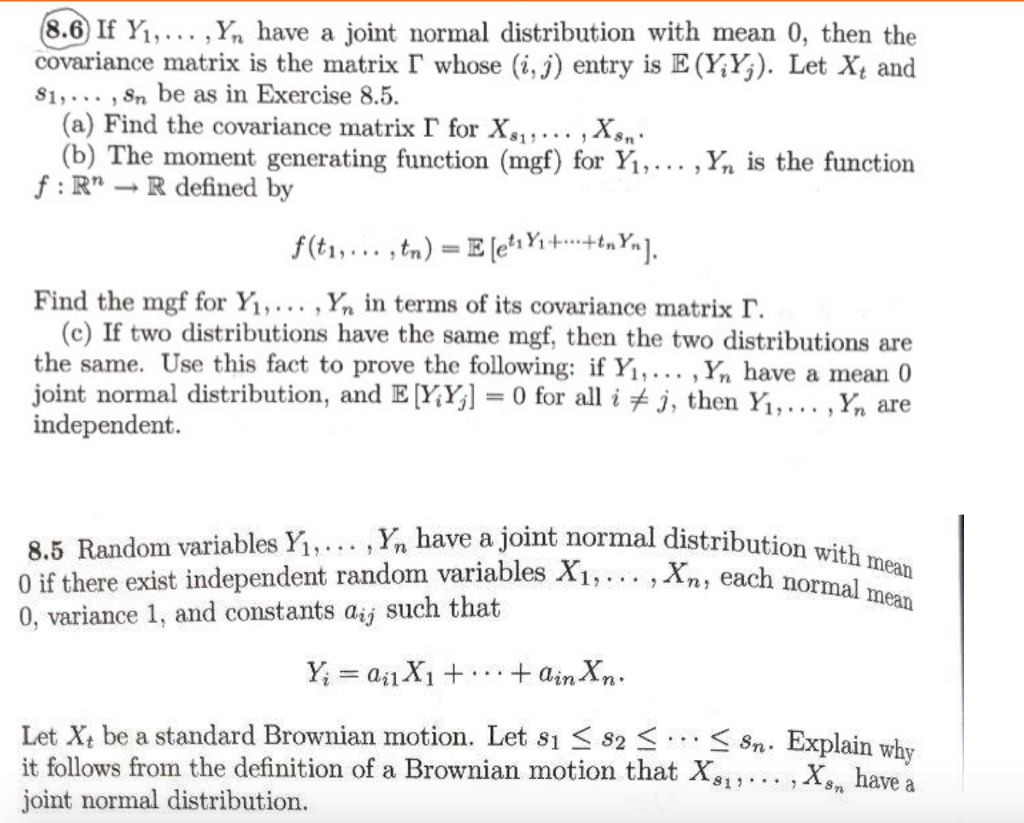Solved 8 6 If Y Yn Have A Joint Normal Distribution Chegg Com