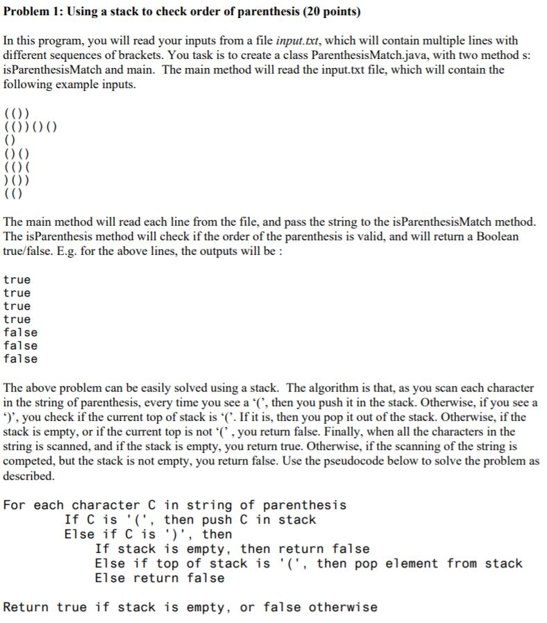 Solved Problem 1 Using A Stack To Check Order Of Parenth Chegg Com