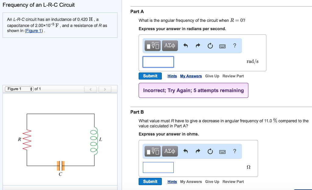 Solved An L R C Circuit Has An Inductance Of 0 4 H A Chegg Com