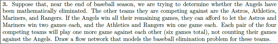 3. Suppose that, near the end of baseball season, we are trying to determine whether the Angels have been mathematically eliminated. The other teams they are competing against are the Astros, Athletics, Mariners, and Rangers. If the Angels win all their remaining games, they can afford to let the Astros and Mariners win two games each, and the Athletics and Rangers win one game each. Each pair of the four competing teams will play one more game against each other (six games total), not counting their games against the Angels. Draw a flow network that models the baseball elimination problem for these teams