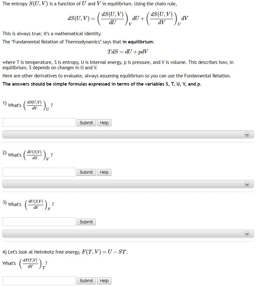 Solved The Entropy S U V Is A Function Of U And V In Eq Chegg Com