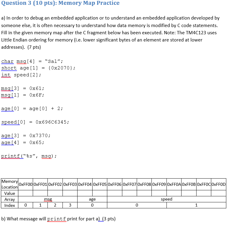 Question 3 (10 pts): Memory Map Practice a) In order to debug an embedded application or to understand an embedded application developed by someone else, it is often necessary to understand how data memory is modified by C code statements Fill in the given memory map after the C fragment below has been executed. Note: The TM4C123 uses Little Endian ordering for memory (i.e. lower significant bytes of an element are stored at lower addresses).(7 pts) char msq[4] Sal; short age [1] {0x2070}; int, speed [2]: msg [3] msg [1] 0x61; 0x6F; age [0] = age [0] + 2; speed [0] 0x696C6345; age [3] age [4] = 0x7370; = 0x65; printf(%s, msg); Mem Location 0xFF00lOxFF01 0xFF02 0xFF03 0xFF04 0xFF05 0xFF06 0xFF07 0xFF08 0xFF09 0xFFOAlOxFFOB 0xFFOCIOxFFOD Value ms age speed Index0 0 0 1 b) What message will printf print for part a)(3 pts)