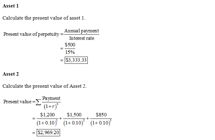 Asset 1 Calculate the present value of asset 1 Annual payment Present value ofp Interest rate $500 15% = |$3,333.33 Asset 2 C