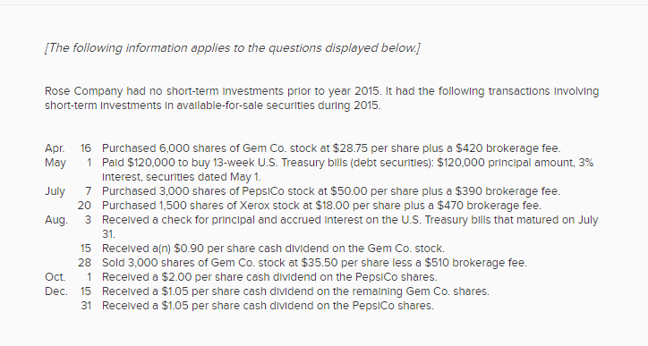 [The following information applies to the questions displayed below. Rose Company had no short-term Investments prior to year 2015. It had the following transactions Involving short-term Investments In avallable-for-sale securitles durlng 2015 16Purchased 6,000 shares of Gem Co. stock at $28.75 per share plus a $420 brokerage fee Apr. May 1 Paid $120,000 to buy 13-week U.S. Treasury bills (debt securities): $120,000 principal amount, 3% Interest, securities dated May 1 7 July Purchased 3,000 shares of PepsiCo stock at $50.00 per share plus a $390 brokerage fee Purchased 1,500 shares of Xerox stock at $18.00 per share plus a $470 brokerage fee 20 Aug. 3 Recelved a check for principal and accrued Interest on the U.S. Treasury bills that matured on July 15 28 31. Recelved a(n) S0.90 per share cash dividend on the Gem Co. stock. Sold 3,000 shares of Gem Co. stock at $35.50 per share less a $510 brokerage fee Oct. Dec. Recelved a $2.00 per share cash dividend on the PepsiCo shares. 15Recelved a $1.05 per share cash dividend on the remalning Gem Co. shares. 31 Recelved a $1.05 per share cash dividend on the PepsICo shares.