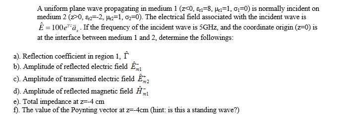 Solved A Uniform Plane Wave Propagating In Medium 1 Zso Chegg Com