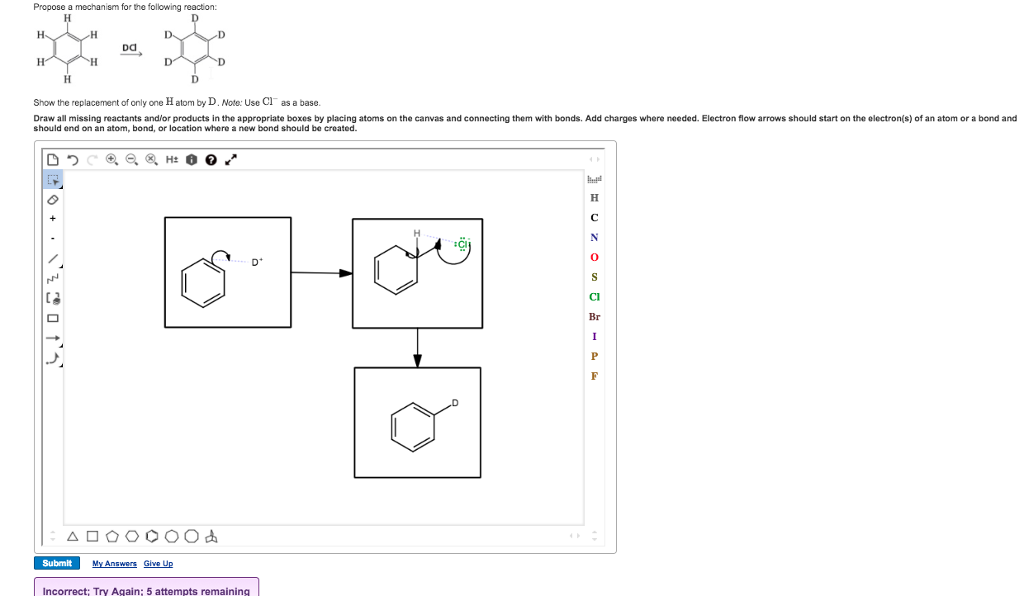 Propose a mechanism for the following reaction: Show the replacement of only one H atom by D. Note: Use Cl as a base. Draw all missing reactants and/or products in the appropriate boxes by placing atoms on the canvas and connecting them with bonds. Add charges where needed. Electron flow arrows should start on the electron(s) of an atom or a bond and should end on an atom, bond, or location where a new bond should be created CI Br My Answers Give Up Incorrect; Try Again: 5 attempts remaining