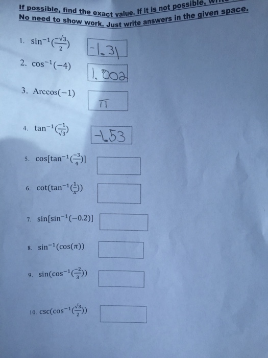 Sin 1 Square Root 3 2 1 31 Cos 1 4 1 002 Chegg Com