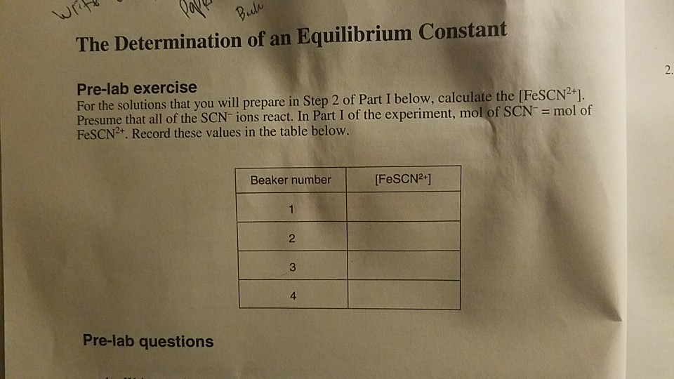 The Determination Of An Equilibrium Constant Pre Lab Chegg 