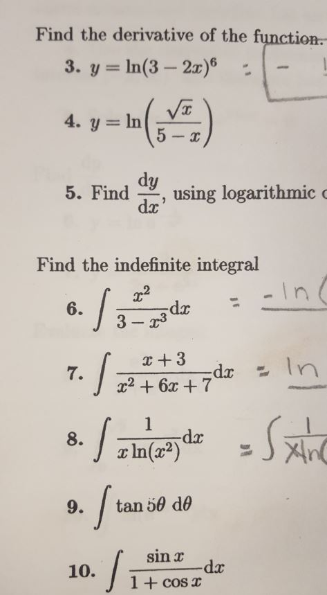 Solved Find The Derivative Of The Function Y Ln 3 Chegg Com