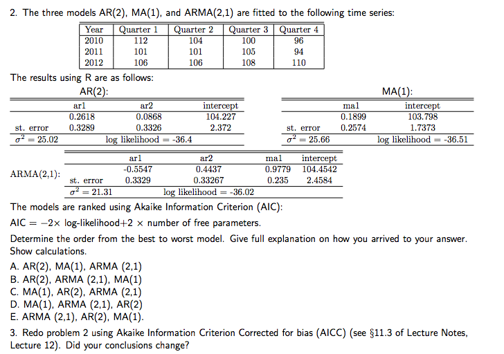 Solved The Three Models Ar 2 Ma 1 And Arma 2 1 Are