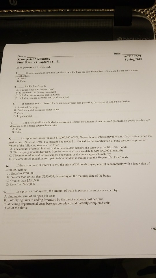 Solved: Date: ACC 102-71 Spring 2018 Name: Managerial Acco... | Chegg.com