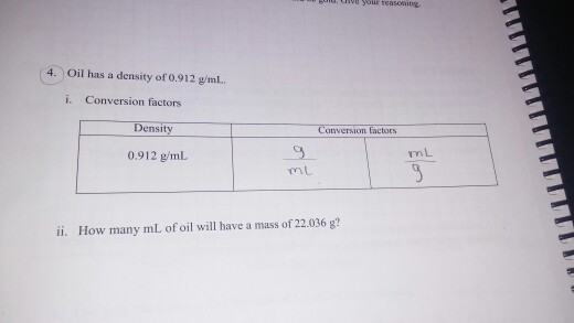 En Cve Your Teasoning 4 Oil Has A Density Of 0 912 Chegg Com