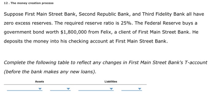 Solved 12 The Money Creation Process Suppose First Main - 12 the money creation process suppose first main street bank second republic bank