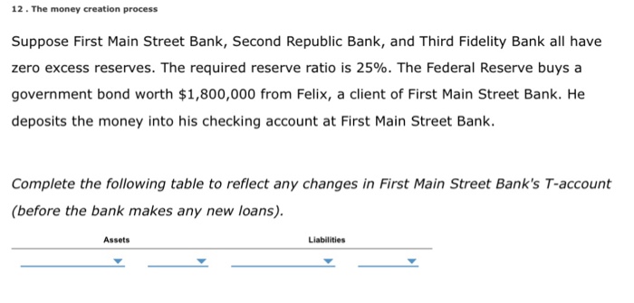 Solved 12 The Money Creation Process Suppose First Main - 12 the money creation process suppose first main street bank second republic bank