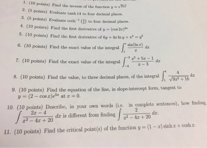 Find The Inverse Of The Function Y E 2x 1 5 X Chegg Com