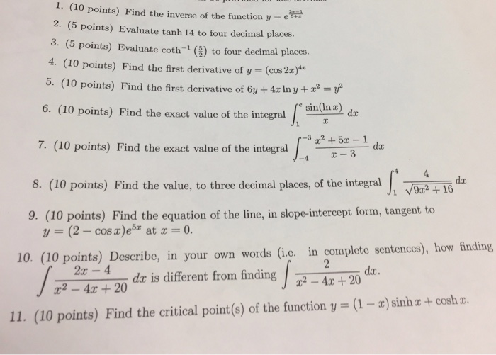 Find The Inverse Of The Function Y E 2x 1 5 X Chegg Com