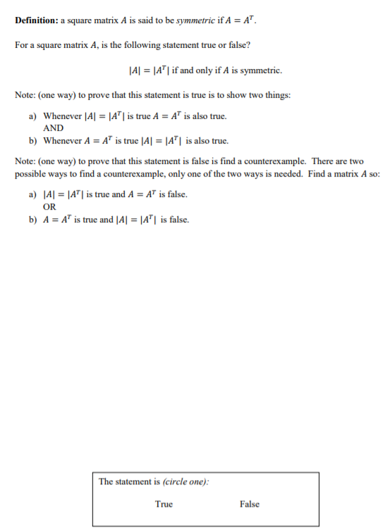 Solved Definition A Square Matrix A Is Said To Be Symmetric Chegg Com