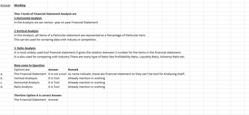 Question & Answer: The three tools of financial statement analysis do NOT include: The financial statements Vertical analysis H..... 1