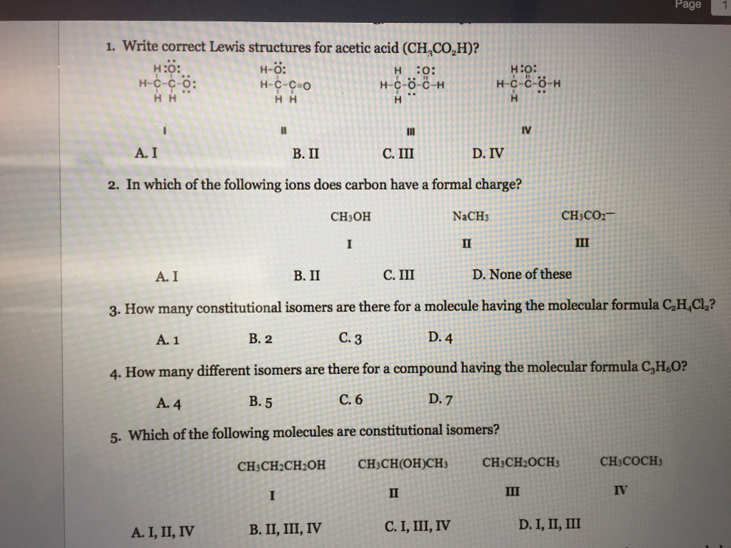 Page 1. Write correct Lewis structures for acetic acid (CH,CO.H)? 