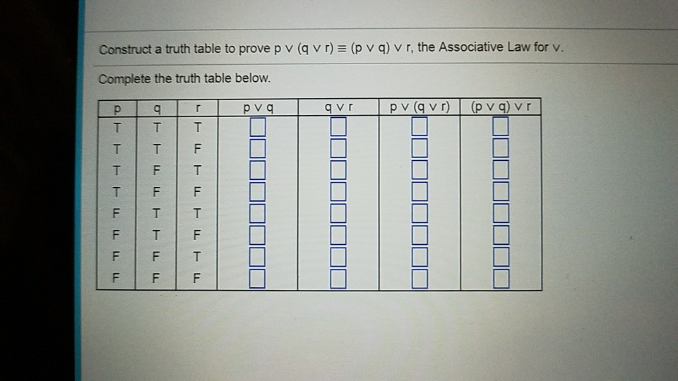Solved Construct A Truth Table To Prove P Q V R P V Q V Chegg Com