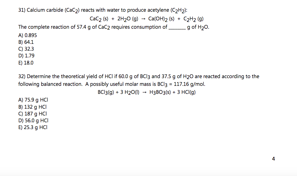 Solved Calcium Carbide Cac 2 Reacts With Water To Produce Chegg Com