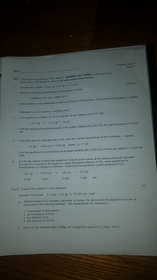 Solved: 2 Chem Exam Are Name ... I Questions Il Inorganic Four