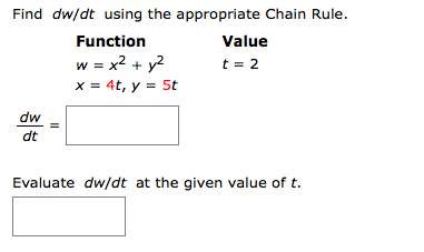 Find Dw Dt Using The Appropriate Chain Rule W X 2 Chegg 