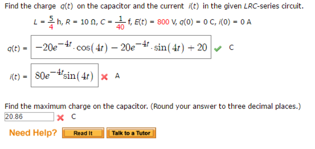 Solved Find The Charge Q T On The Capacitor And The Curr Chegg Com